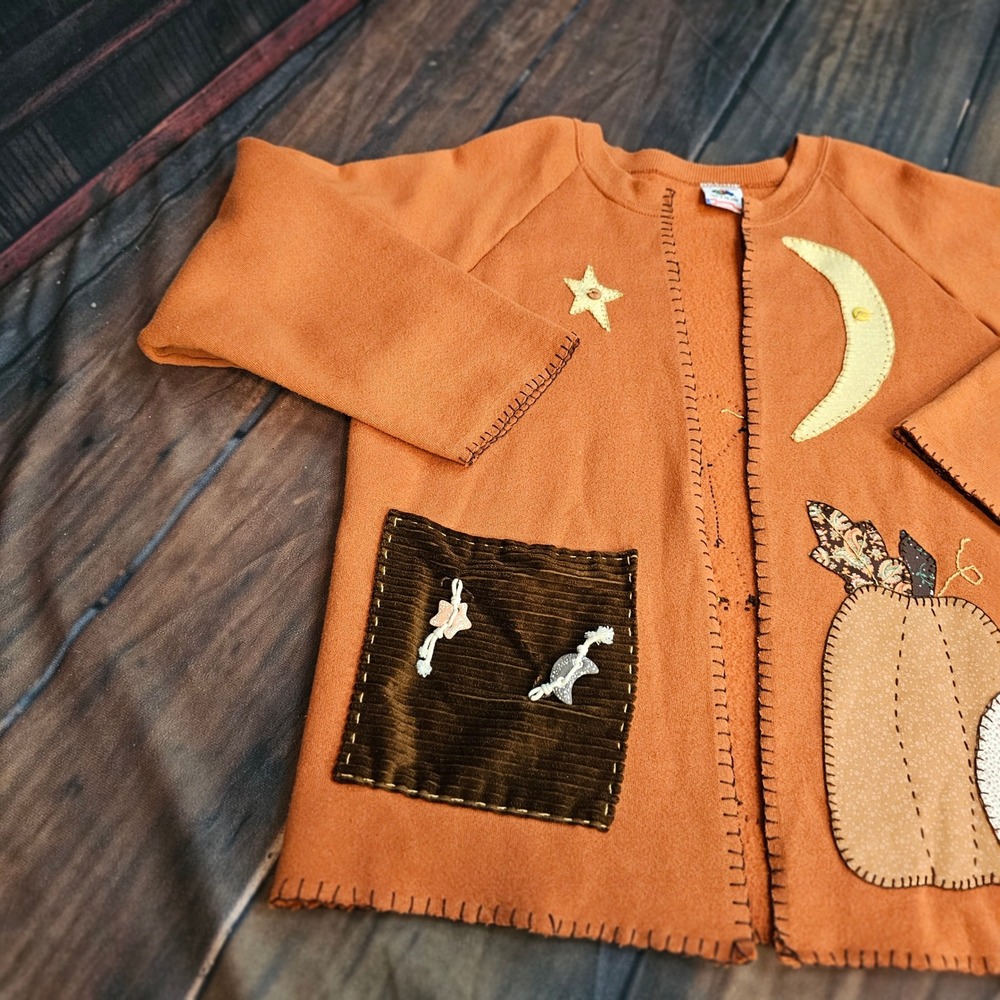 Vintage 1990s Handcrafted Pumpkin Patch Cardigan Sweatshirt Orange Folk Art Lg - Picture 11 of 14